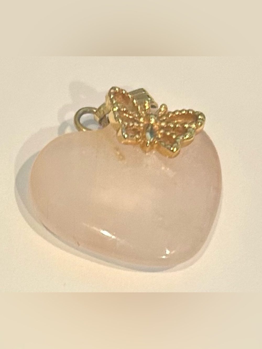 Rose Quartz Puffy Heart Butterfly Charm Pendant  By Avon